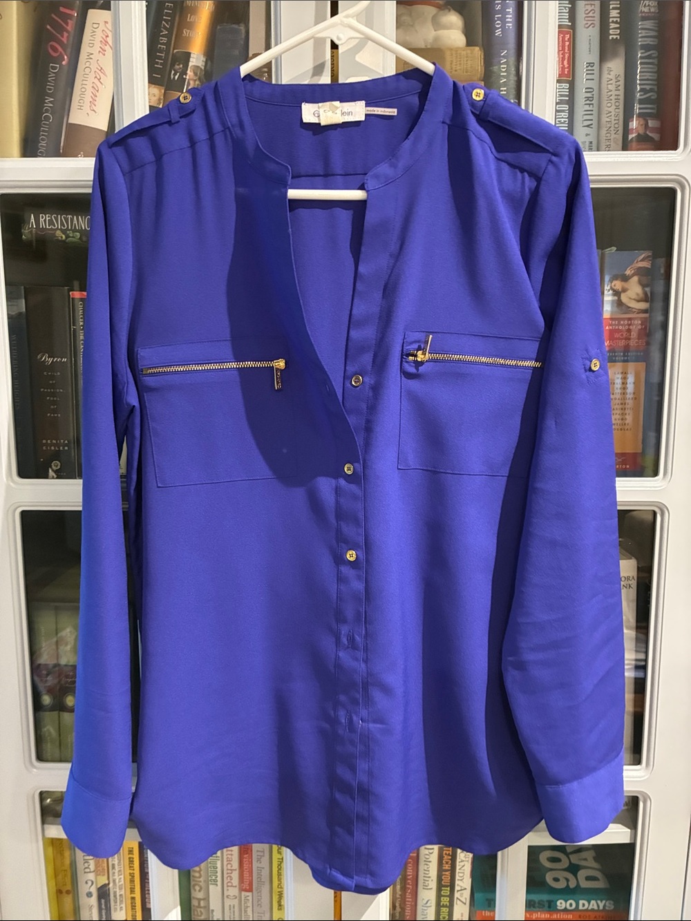 Calvin Klein Cobalt Blue Long-Sleeve Button-Front Blouse with Gold Zippers